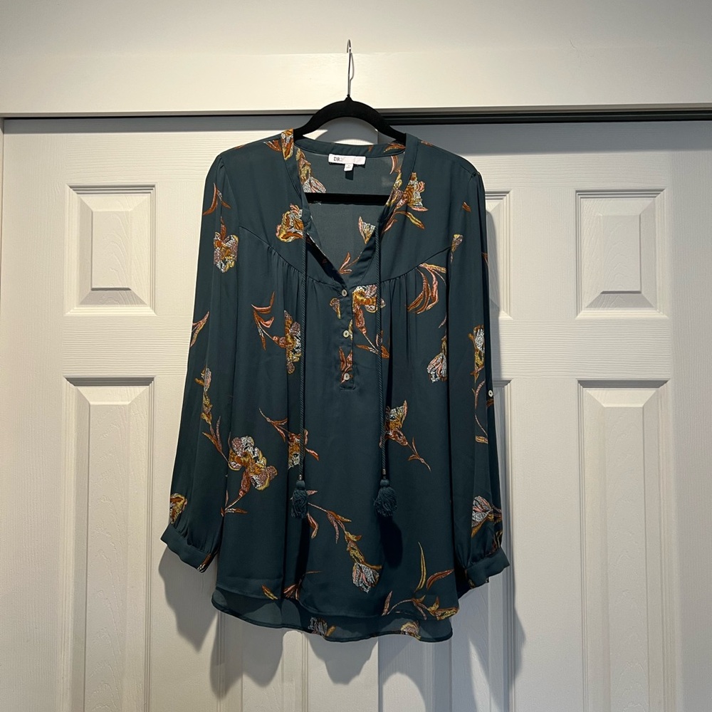 DR2 sage Floral Blouse with Orange Accents